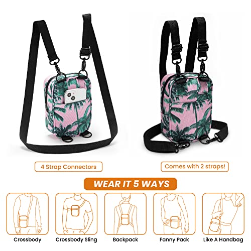 Vibe Festival Gear Crossbody Sling Bag for Women 4in1 from Recycled Polyester Belt Bag Backpack Fanny Pack Purse - Pink Tropical Palm Trees