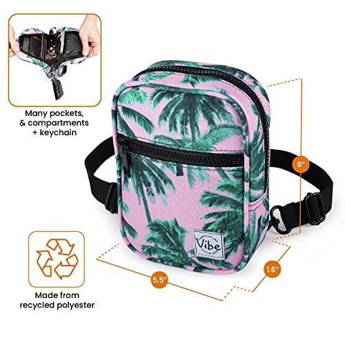 Vibe Festival Gear Crossbody Sling Bag for Women 4in1 from Recycled Polyester Belt Bag Backpack Fanny Pack Purse - Pink Tropical Palm Trees