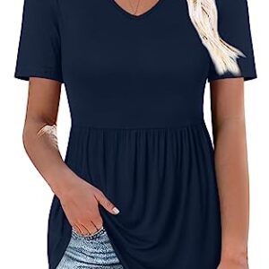 TAOHUADAO Women's 2023 Short Sleeve Tunic Tops Pleated Flare Blouse Hide Belly Shirts V-Neck Babydoll Tops Large, Navy Blue