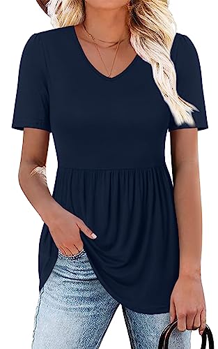 TAOHUADAO Women's 2023 Short Sleeve Tunic Tops Pleated Flare Blouse Hide Belly Shirts V-Neck Babydoll Tops Large, Navy Blue