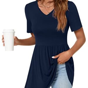 TAOHUADAO Women's 2023 Short Sleeve Tunic Tops Pleated Flare Blouse Hide Belly Shirts V-Neck Babydoll Tops Large, Navy Blue