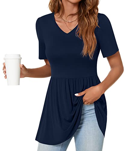 TAOHUADAO Women's 2023 Short Sleeve Tunic Tops Pleated Flare Blouse Hide Belly Shirts V-Neck Babydoll Tops Large, Navy Blue