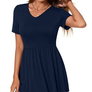 TAOHUADAO Women's 2023 Short Sleeve Tunic Tops Pleated Flare Blouse Hide Belly Shirts V-Neck Babydoll Tops Large, Navy Blue