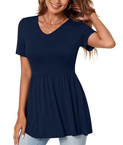 TAOHUADAO Women's 2023 Short Sleeve Tunic Tops Pleated Flare Blouse Hide Belly Shirts V-Neck Babydoll Tops Large, Navy Blue