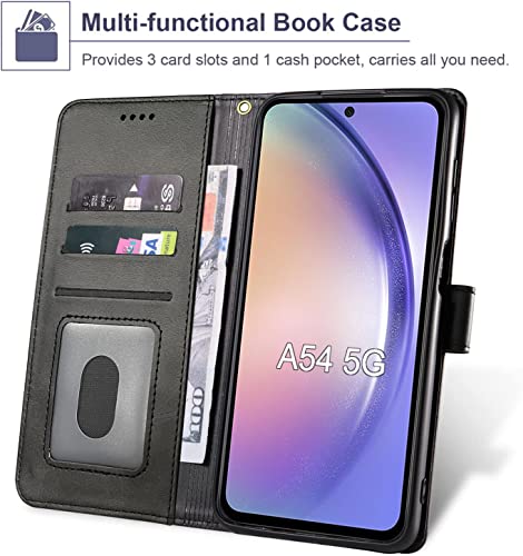 for Samsung Galaxy A54 5G Case and Tempered Glass Screen Protector, PU Leather Flip Cover Wallet Phone Case Protector [Full Protection] [Card Slots] [Kickstand] for Samsung Galaxy A54 5G, Black