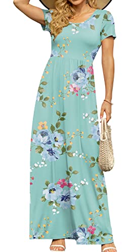 DB MOON Womens 2023 Casual Summer Maxi Dresses Short Sleeve Empire Waist Spring Long Dress with Pockets(Mint Green Floral, M)