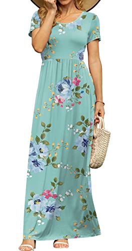 DB MOON Womens 2023 Casual Summer Maxi Dresses Short Sleeve Empire Waist Spring Long Dress with Pockets(Mint Green Floral, M)