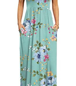 DB MOON Womens 2023 Casual Summer Maxi Dresses Short Sleeve Empire Waist Spring Long Dress with Pockets(Mint Green Floral, M)