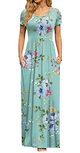 DB MOON Womens 2023 Casual Summer Maxi Dresses Short Sleeve Empire Waist Spring Long Dress with Pockets(Mint Green Floral, M)