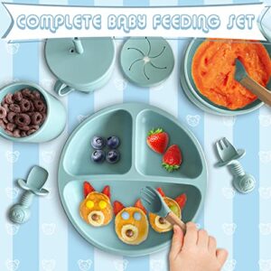 10pcs Baby Feeding Set | Baby Led Weaning Utensils | Includes Suction Bowl and Plate | Baby Feeding Supplies Set | 100% Food Grade BPA Free | Silicone Baby Bib, Spoon, Fork, Sippy Cup (blue)