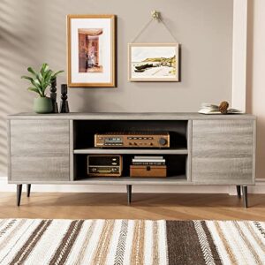 jummico mid-century modern tv stand for 55/65 inch tv, entertainment center with storage cabinet and open shelves, tv media cabinet for living room, bedroom and office (light gray, 65 inches)