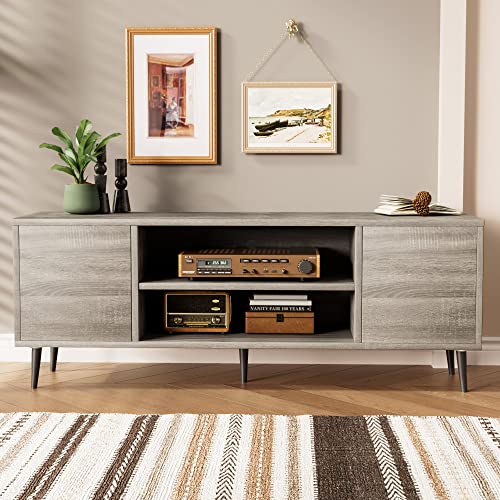 JUMMICO Mid-Century Modern TV Stand for 55/65 Inch TV, Entertainment Center with Storage Cabinet and Open Shelves, TV Media Cabinet for Living Room, Bedroom and Office (Light Gray, 65 Inches)