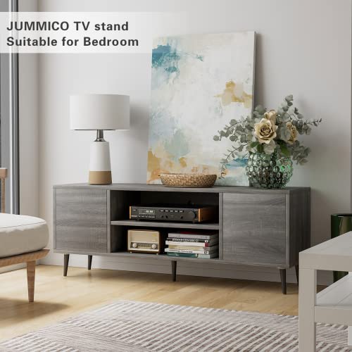 JUMMICO Mid-Century Modern TV Stand for 55/65 Inch TV, Entertainment Center with Storage Cabinet and Open Shelves, TV Media Cabinet for Living Room, Bedroom and Office (Light Gray, 65 Inches)