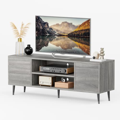 JUMMICO Mid-Century Modern TV Stand for 55/65 Inch TV, Entertainment Center with Storage Cabinet and Open Shelves, TV Media Cabinet for Living Room, Bedroom and Office (Light Gray, 65 Inches)