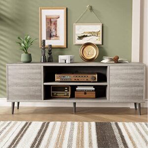 JUMMICO Mid-Century Modern TV Stand for 55/65 Inch TV, Entertainment Center with Storage Cabinet and Open Shelves, TV Media Cabinet for Living Room, Bedroom and Office (Light Gray, 65 Inches)