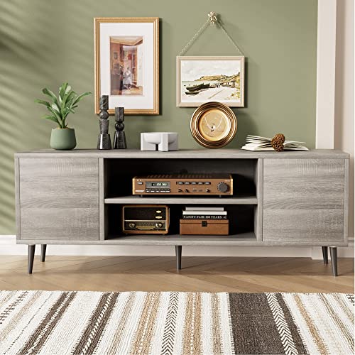 JUMMICO Mid-Century Modern TV Stand for 55/65 Inch TV, Entertainment Center with Storage Cabinet and Open Shelves, TV Media Cabinet for Living Room, Bedroom and Office (Light Gray, 65 Inches)