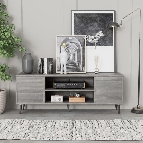 JUMMICO Mid-Century Modern TV Stand for 55/65 Inch TV, Entertainment Center with Storage Cabinet and Open Shelves, TV Media Cabinet for Living Room, Bedroom and Office (Light Gray, 65 Inches)