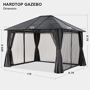 MASTERCANOPY 10x12 Outdoor Hardtop Gazebo Aluminum Frame Polycarbonate Top Canopy with Curtains and Netting, Dark Gray