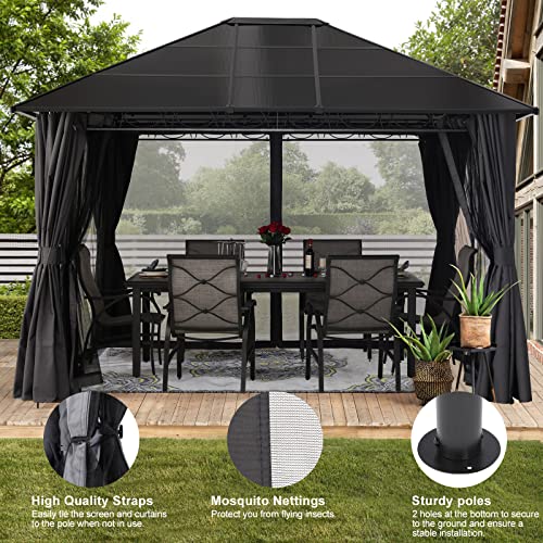 MASTERCANOPY 10x12 Outdoor Hardtop Gazebo Aluminum Frame Polycarbonate Top Canopy with Curtains and Netting, Dark Gray