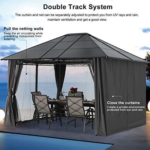 MASTERCANOPY 10x12 Outdoor Hardtop Gazebo Aluminum Frame Polycarbonate Top Canopy with Curtains and Netting, Dark Gray