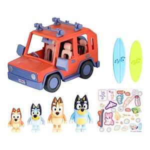 bluey heeler family 4wd vehicle and 4 figure pack, 2.5-3 inch figures, 2 surfboards accessories and stickers | amazon exclusive