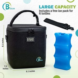 Biblze Breastmilk Cooler Bag with Digital Thermometer - Baby Bottle Cooler Bag with Ice Pack, Fits 6 Large 9 Ounce Baby Bottle - Baby Bottle Bag with Strap for Travel - Ideal for Nursing Mom, Daycare