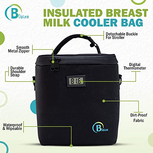 Biblze Breastmilk Cooler Bag with Digital Thermometer - Baby Bottle Cooler Bag with Ice Pack, Fits 6 Large 9 Ounce Baby Bottle - Baby Bottle Bag with Strap for Travel - Ideal for Nursing Mom, Daycare