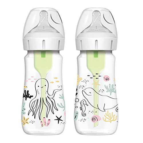 Dr. Brown’s Natural Flow® Anti-Colic Options+™ Wide-Neck Baby Bottle Designer Edition Bottles, Ocean Decos, 9 oz/270 mL, Level 1 Nipple, 2-Pack, 0m+