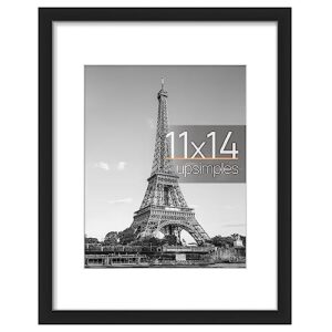 upsimples 11x14 picture frame, display pictures 8x10 with mat or 11x14 without mat, wall hanging photo frame, black, 1 pack