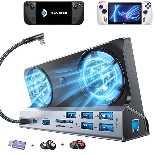 LISEN Docking Station for Asus Rog Ally Turbo 30W Mode & Steam Deck,13-in-1 Steam Deck Dock with 5 USB 3.0 & 2.0, Dual Cooling Fan, HDMI 4K@60Hz, 100W PD Charging and 1000Mbps Steam Deck Accessories