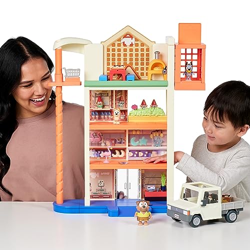 Bluey Hammerbarn Shopping Center Mega Set, 4 Level, 22" Tall Playset with Working Lift and Trolley Return, Lights and 45+ Sounds. 3 Figures. 15 Accessories & Tradie Ute Vehicle | Amazon Exclusive