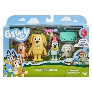 Bluey Figure 4-Pack, Pass The Parcel 2.5-3 inch, Bingo, Lucky's Dad and Lila Character Figures with Accessories