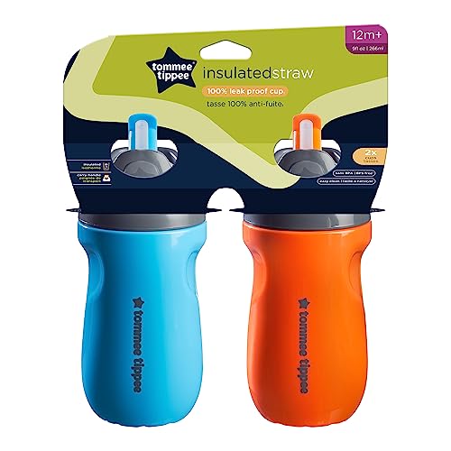 Tommee Tippee Insulated Spill-Proof Straw Cup, 12 months+, 9oz, Toddler Training Sippy Cup, Sporty Carry Handle, Bite Resistant Spout, Pack of 2, Blue and Orange