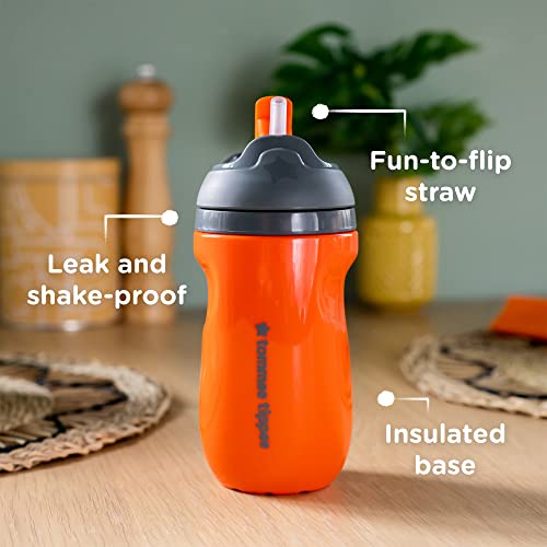 Tommee Tippee Insulated Spill-Proof Straw Cup, 12 months+, 9oz, Toddler Training Sippy Cup, Sporty Carry Handle, Bite Resistant Spout, Pack of 2, Blue and Orange