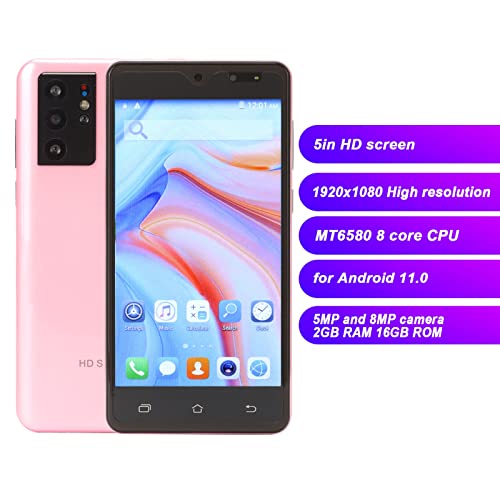 Pink 5in Mini Smartphone Unlocked, Kid Cellphone 2GB RAM 16GB ROM, 8 Core CPU Calling Phone with Dual Camera, Face Unlocked 1080P Touch Screen