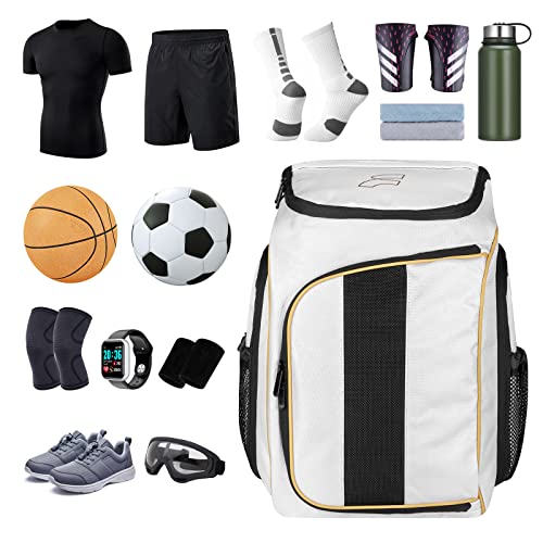 FULFUN Soccer Backpack Basketball Bags for Soccer,Basketball,Volleyball | Includes Separate Shoes and Ball Compartment (White)