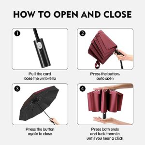 UNDERTREE Windproof Umbrellas for Rain, Double Canopy Folding Umbrella with 10 Fiberglass Ribs, Compact Travel Umbrella, One Button Auto Open/Close, Burgundy-23