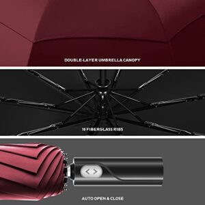 UNDERTREE Windproof Umbrellas for Rain, Double Canopy Folding Umbrella with 10 Fiberglass Ribs, Compact Travel Umbrella, One Button Auto Open/Close, Burgundy-23