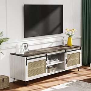 vingli rattan tv stand for tv's up to 75 inch farmhouse boho entertainment center with sliding barn door for living room, white, 70(w) x15.8(d) x23.6(h)