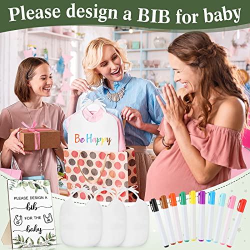 26 Pcs Baby Bibs and Game Set Baby Shower Game Sign 15 White Feeder Bibs 10 Fabric Markers for Gender Reveal (Green Leaves)