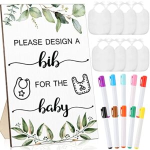 26 pcs baby bibs and game set baby shower game sign 15 white feeder bibs 10 fabric markers for gender reveal (green leaves)