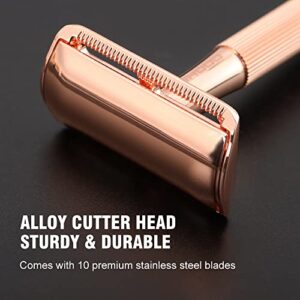 Kinghood Safety Razor, Zero Waste Reusable Razor for Men, Metal Handle Safety Razor with Brass Weighted Handle and 10 Double Edge Razor Blade, Perfect for Coarse Beard (Rose Gold)