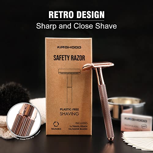 Kinghood Safety Razor, Zero Waste Reusable Razor for Men, Metal Handle Safety Razor with Brass Weighted Handle and 10 Double Edge Razor Blade, Perfect for Coarse Beard (Rose Gold)