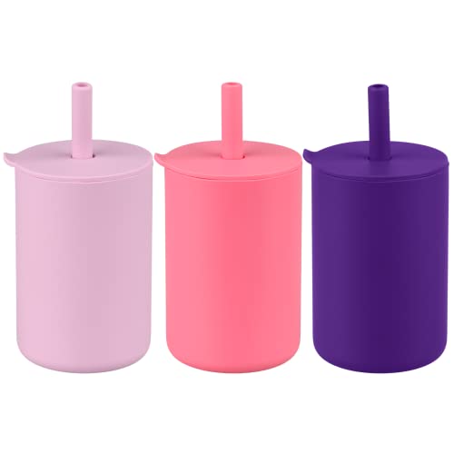 Mintlyfe Toddler Straw Cup, 100% Food Grade Silicone Training Cup for Baby, Trainer Cup Toddler Training Straw Cup for Boys and Girls, Unbreakable (Classic Purple/Pink/Lilac Purple)