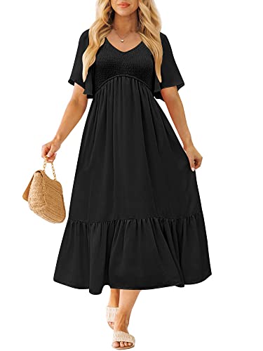 LILLUSORY Black Maxi Dresses for Women Summer Long Trendy Casual Flowy Funeral Short Flutter Sleeve Dress with Pockets