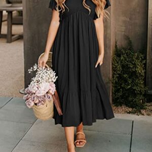 LILLUSORY Black Maxi Dresses for Women Summer Long Trendy Casual Flowy Funeral Short Flutter Sleeve Dress with Pockets