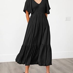 LILLUSORY Black Maxi Dresses for Women Summer Long Trendy Casual Flowy Funeral Short Flutter Sleeve Dress with Pockets