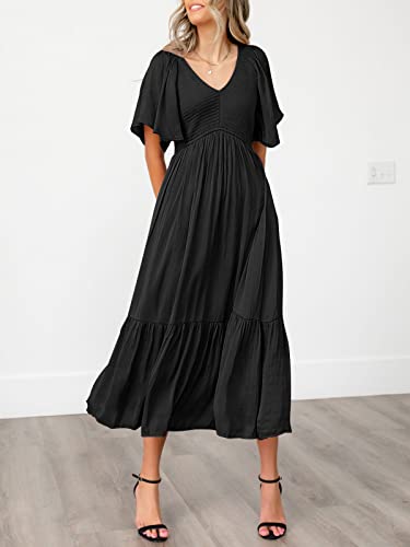 LILLUSORY Black Maxi Dresses for Women Summer Long Trendy Casual Flowy Funeral Short Flutter Sleeve Dress with Pockets