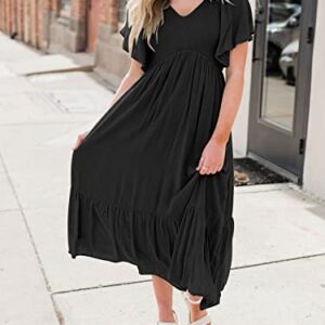 LILLUSORY Black Maxi Dresses for Women Summer Long Trendy Casual Flowy Funeral Short Flutter Sleeve Dress with Pockets