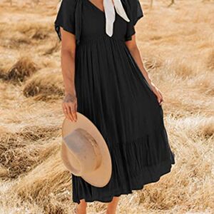 LILLUSORY Black Maxi Dresses for Women Summer Long Trendy Casual Flowy Funeral Short Flutter Sleeve Dress with Pockets